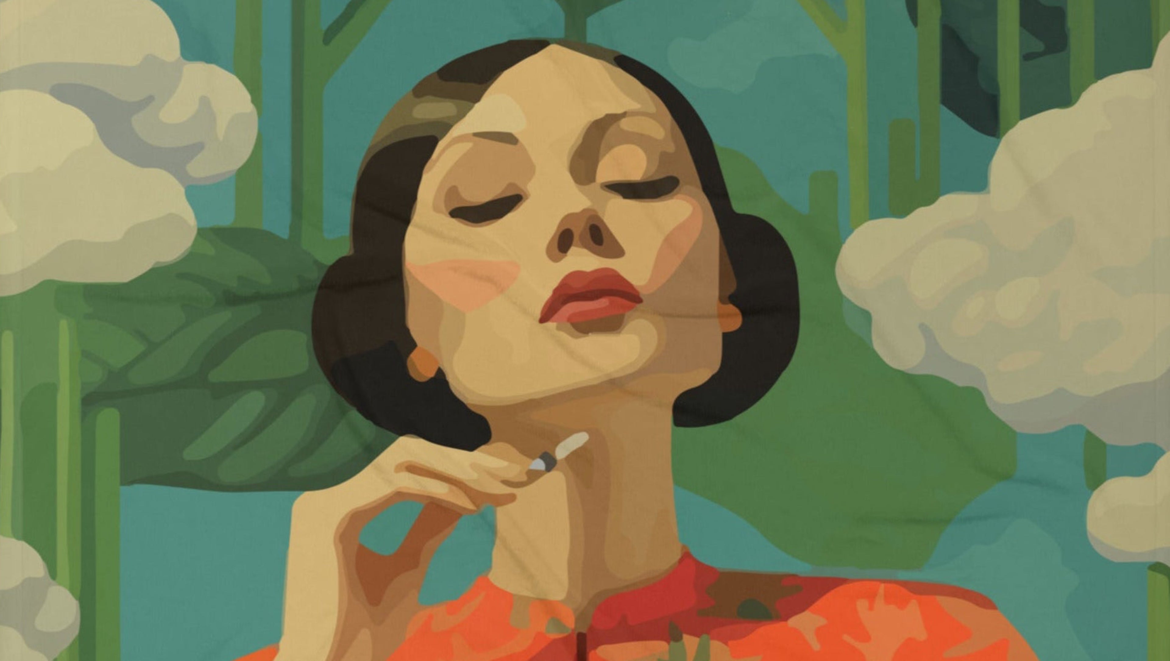Illustration of a woman smoking a cigarette with a stylized forest background Reefer Madness