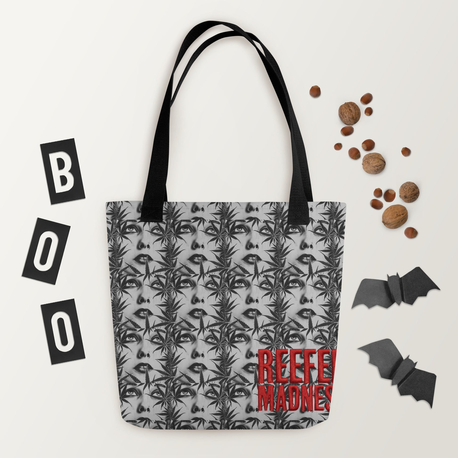 Reefer Madness Leaf Print Tote Bag in black
