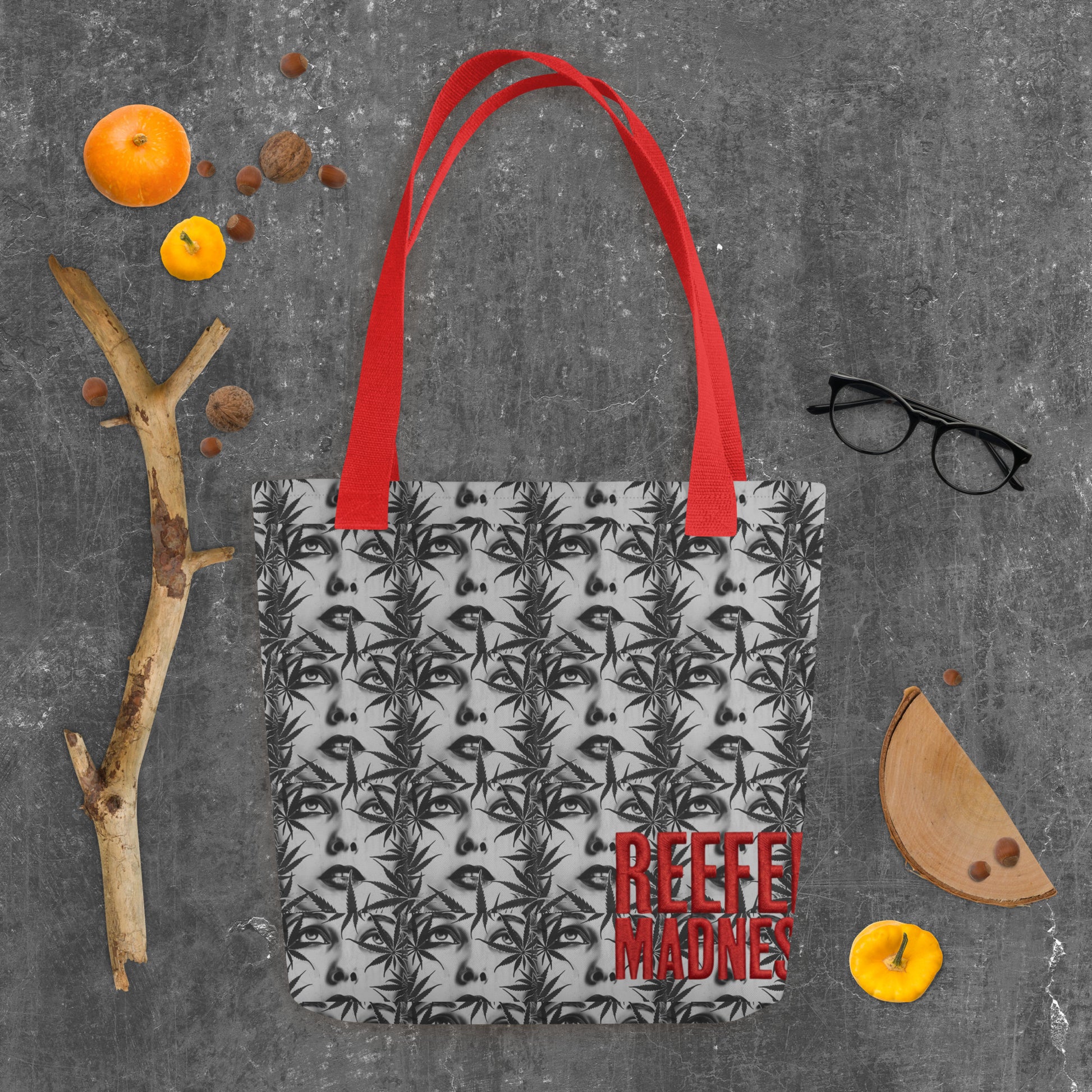 Reefer Madness Leaf Print Tote Bag in red
