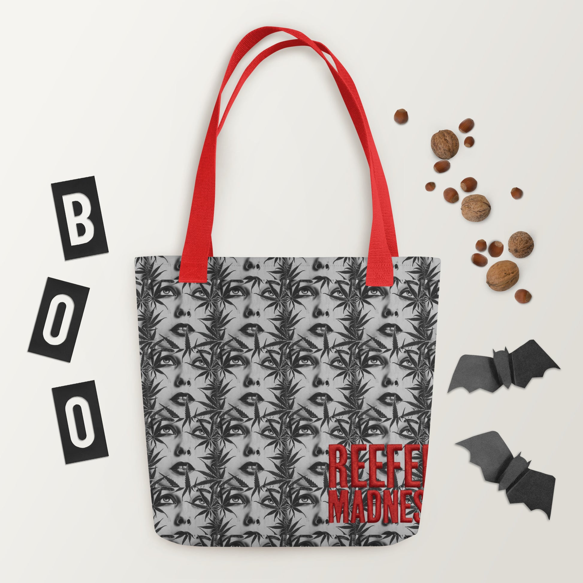 Reefer Madness Leaf Print Tote Bag in red