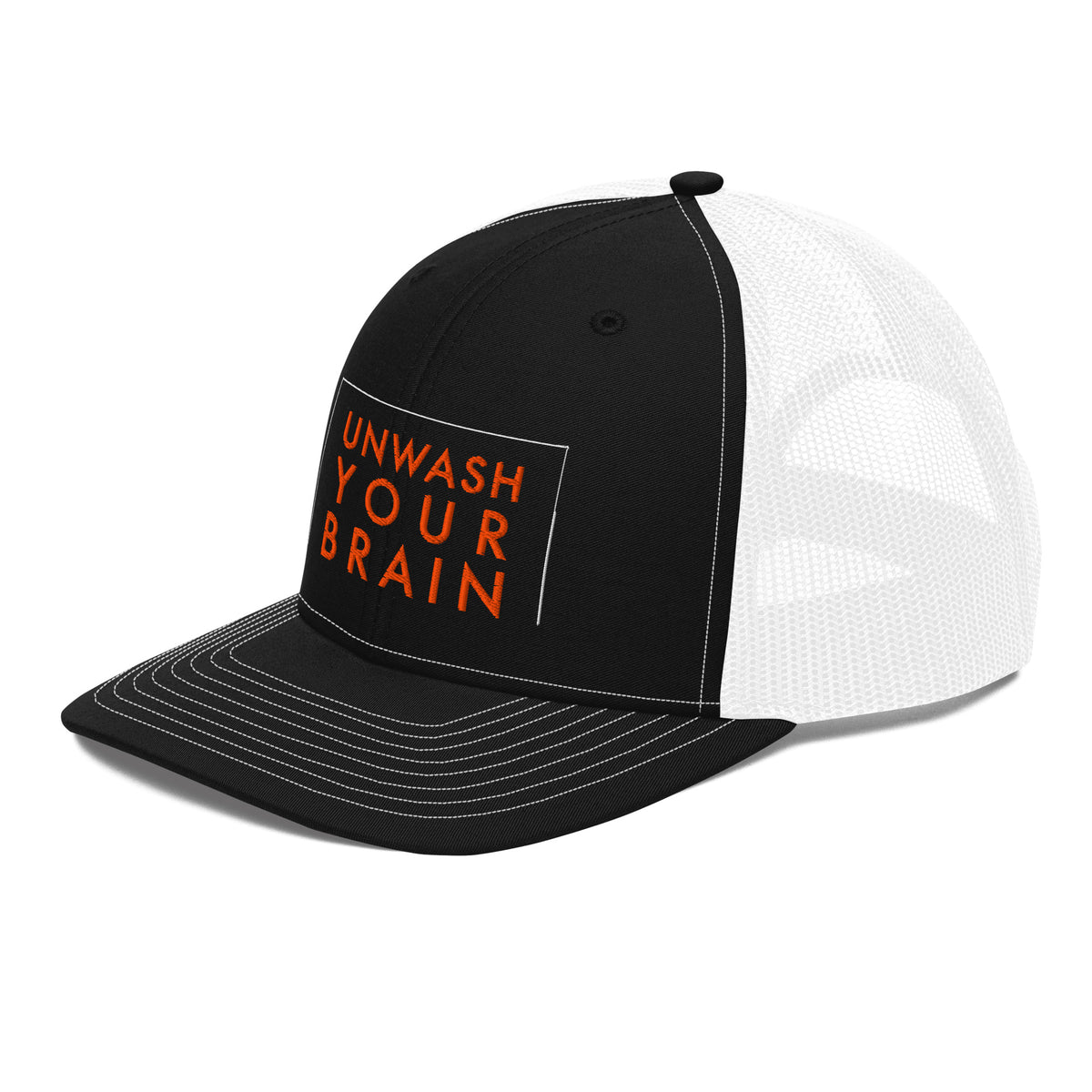 Reefer Madness Snapback Trucker Cap in black white — left front view