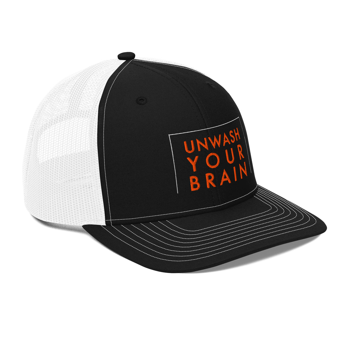 Reefer Madness Snapback Trucker Cap in black white — right front view