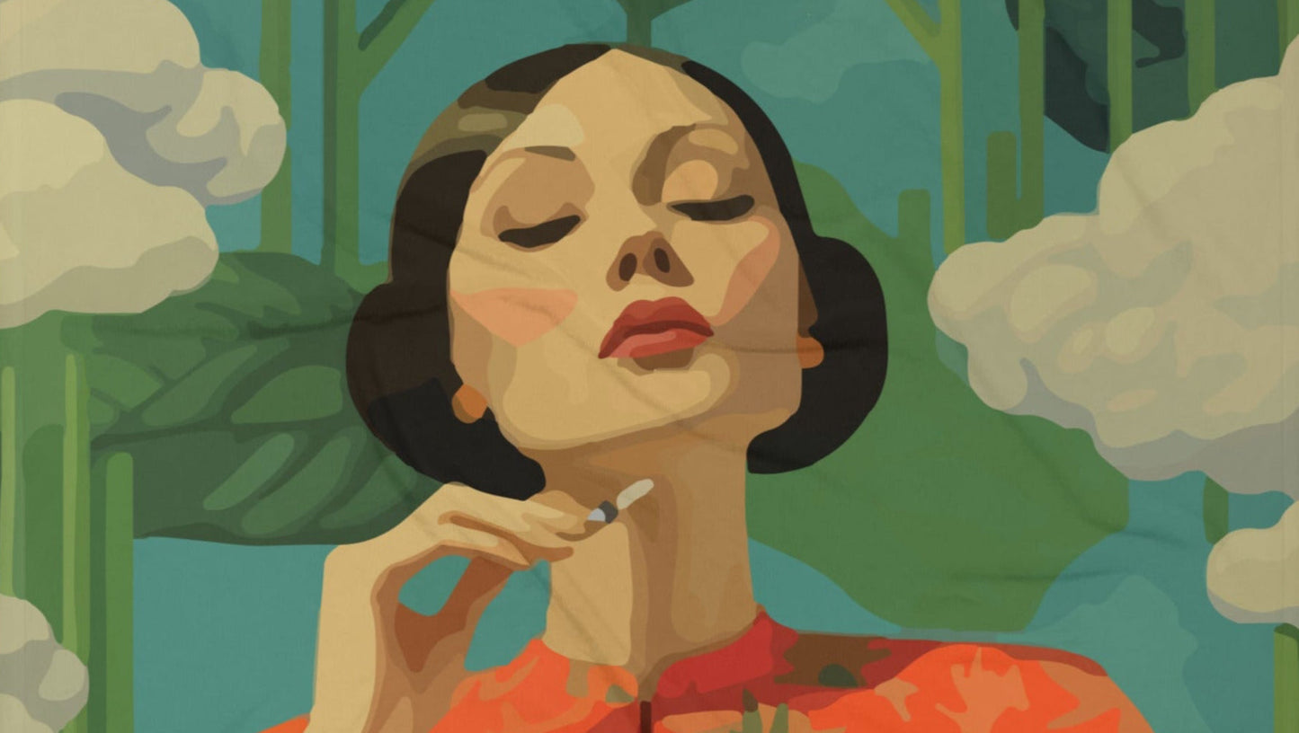 Illustration of a woman smoking a cigarette with a stylized forest background Reefer Madness